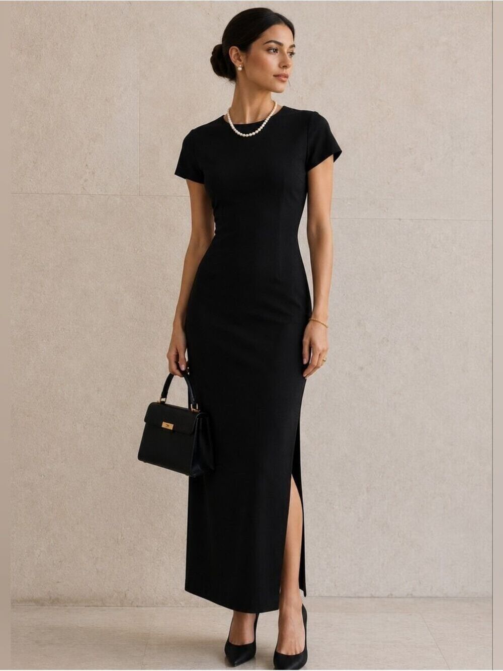 CLASSIC AUDREY HEPBURN BLACK BODYCON DEREK HEART LONG DRESS - EUC